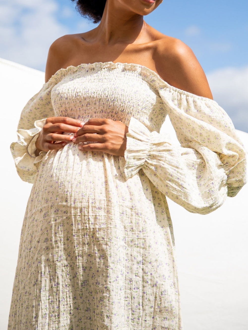 Smocked Off-Shoulder Maternity Dress in Cream Floral Medium